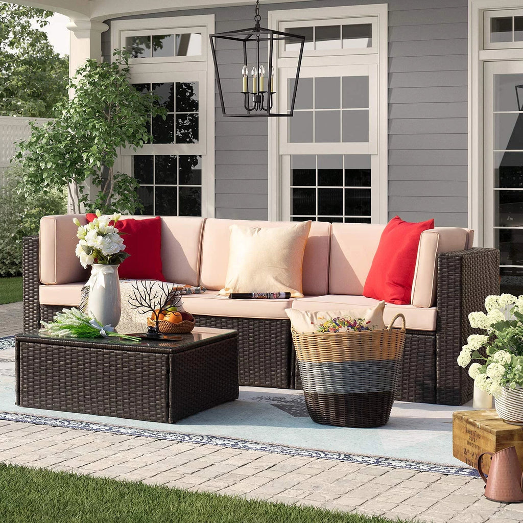 4 Pieces All Weather Patio Sectional Sofa with Cushion and Glass Table N13310