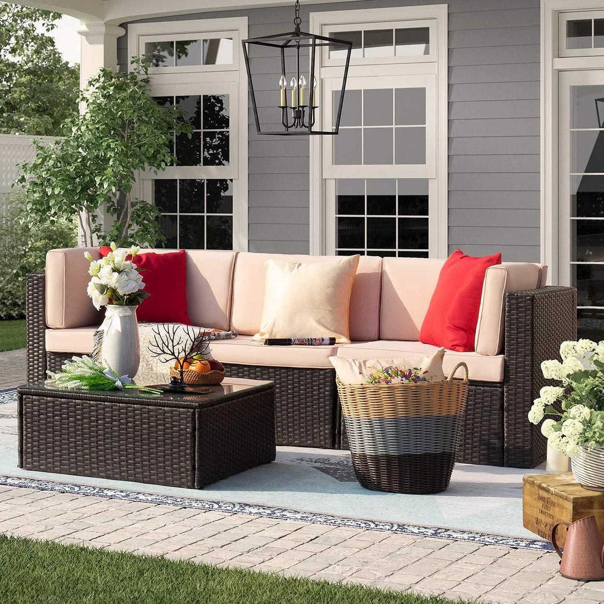 4 Pieces All Weather Patio Sectional Sofa with Cushion and Glass Table N13310