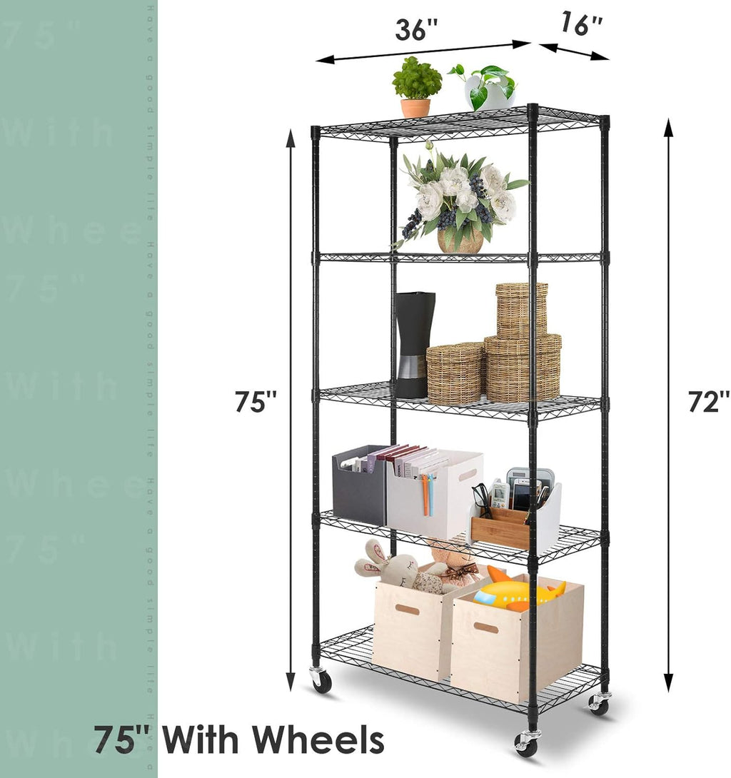 Black 5-Shelf Heavy Duty Metal Wire Shelving Unit on Wheels W637352