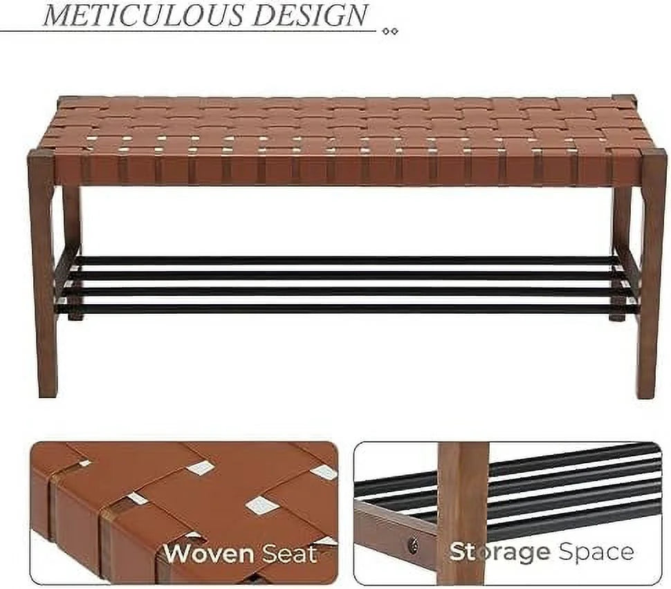 Brown 45 Inch Woven Wood Accent Bench with Metal Shoe Rack Q941245