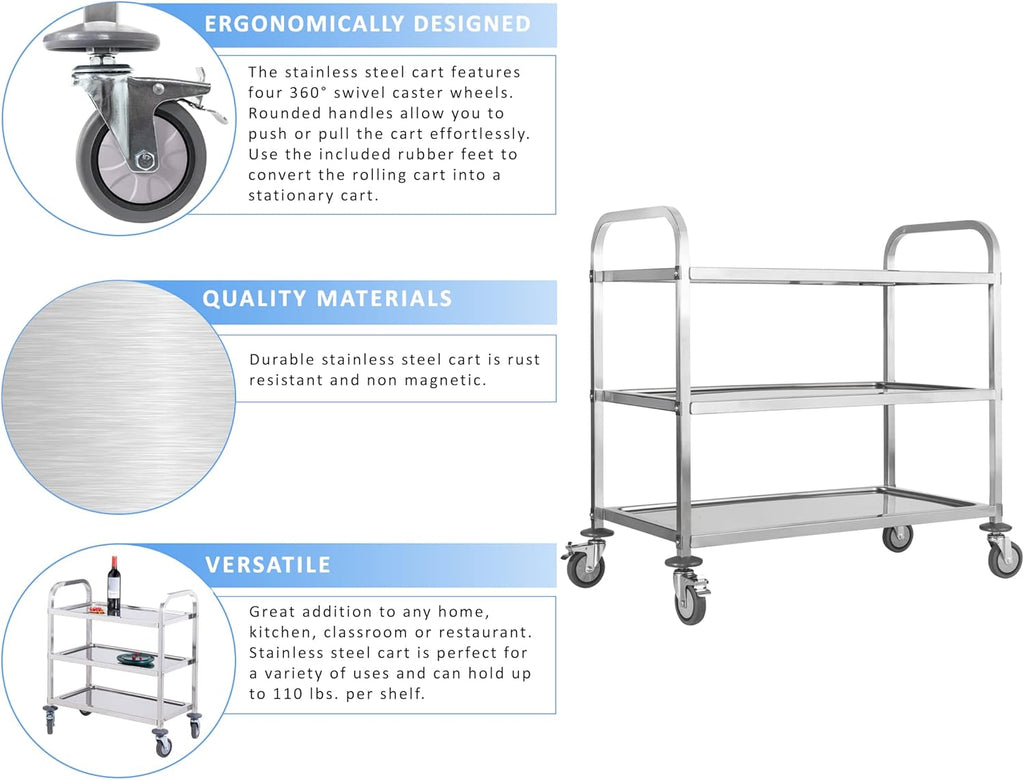 Stainless Steel 3 Tier Rolling Utility Cart with Swivel Locking Wheels F900632