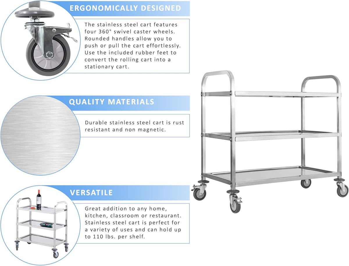 Stainless Steel 3 Tier Rolling Utility Cart with Swivel Locking Wheels F900632