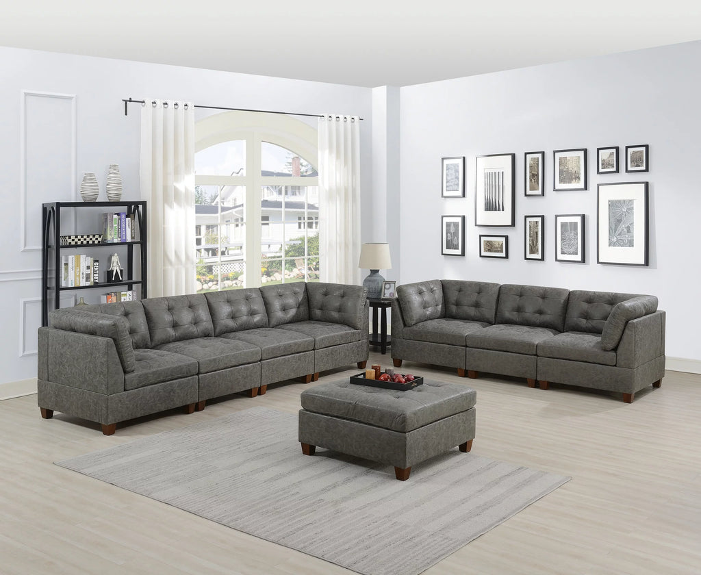 Antique Grey 8Pc Modular Sofa Set Leatherette Tufted Couch S92133