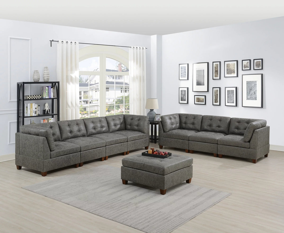 Antique Grey 8Pc Modular Sofa Set Leatherette Tufted Couch S92133