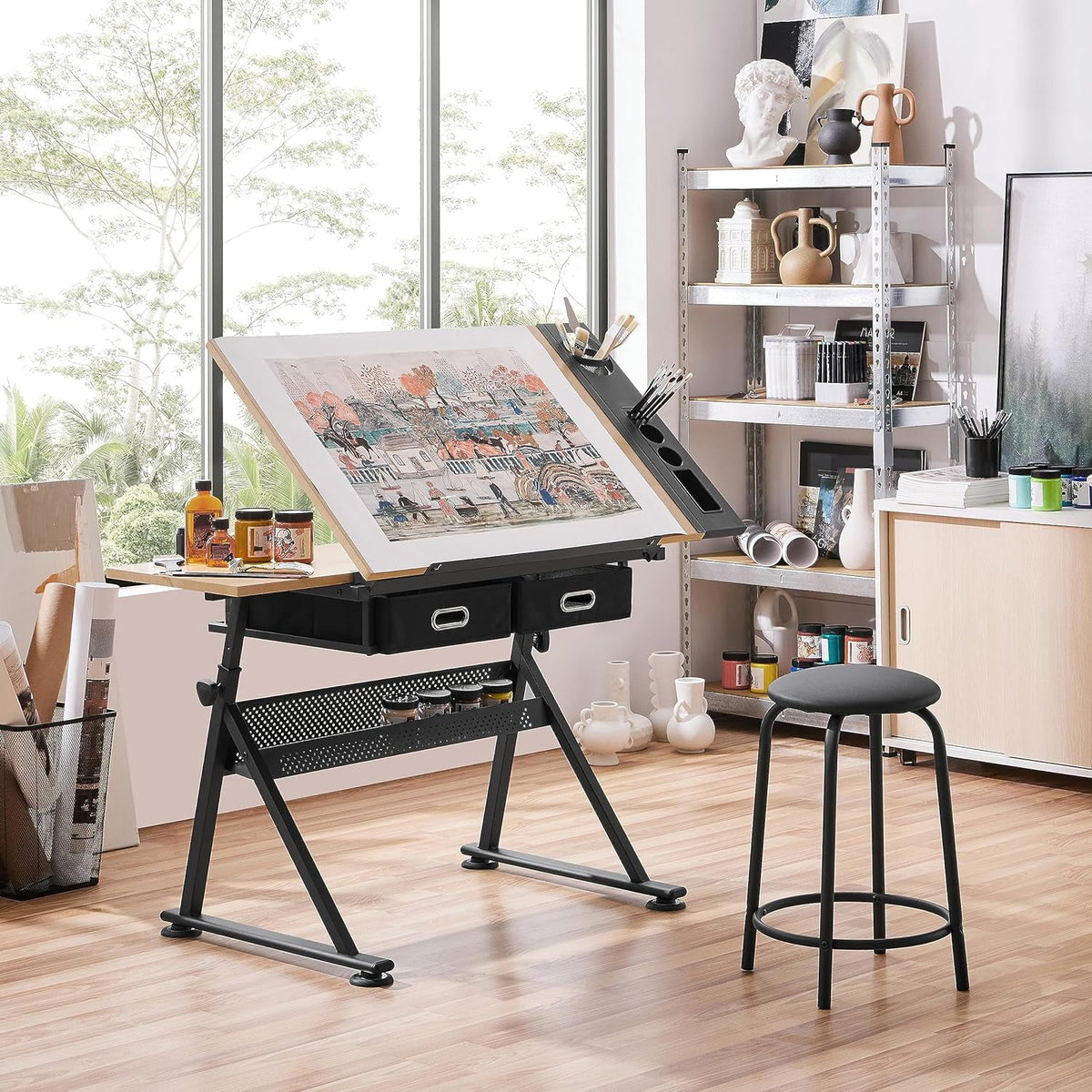 Height Adjustable Drafting Table with 2 Storage Drawers and Stool H7881