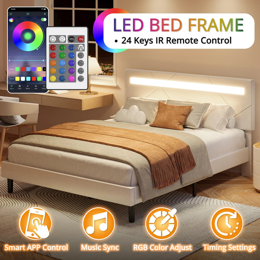 Twin Bed Frame with LED Lights and Adjustable Upholstered Headboard X6078
