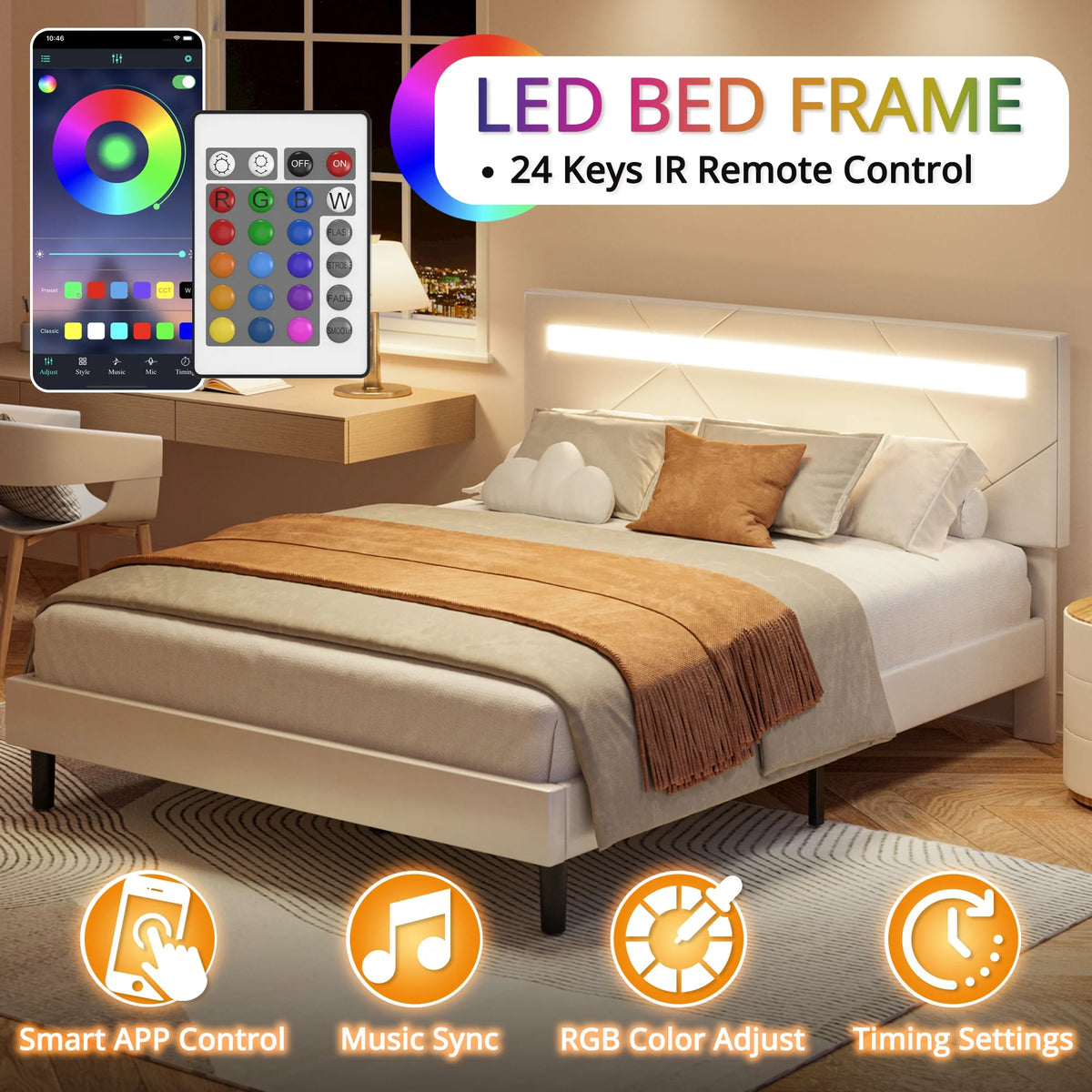 Twin Bed Frame with LED Lights and Adjustable Upholstered Headboard X6078